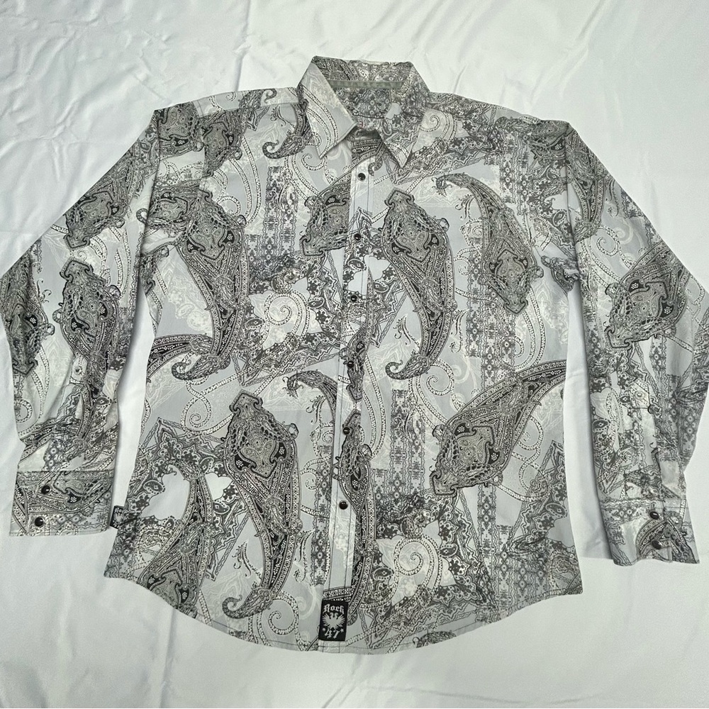 Rock 47 Wrangler Pearl Snap Mens Shirt Large Light Blue Paisley Western Cowboy‎